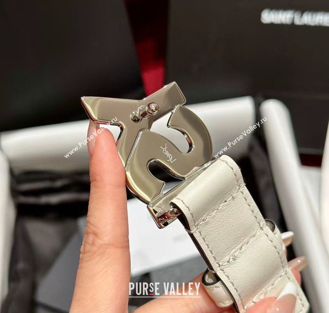 Saint Laurent Womens Supple Calfskin Leather Belt 2.5cm with Maxi YSL Buckle White/Silver 2025 (99-250725065)