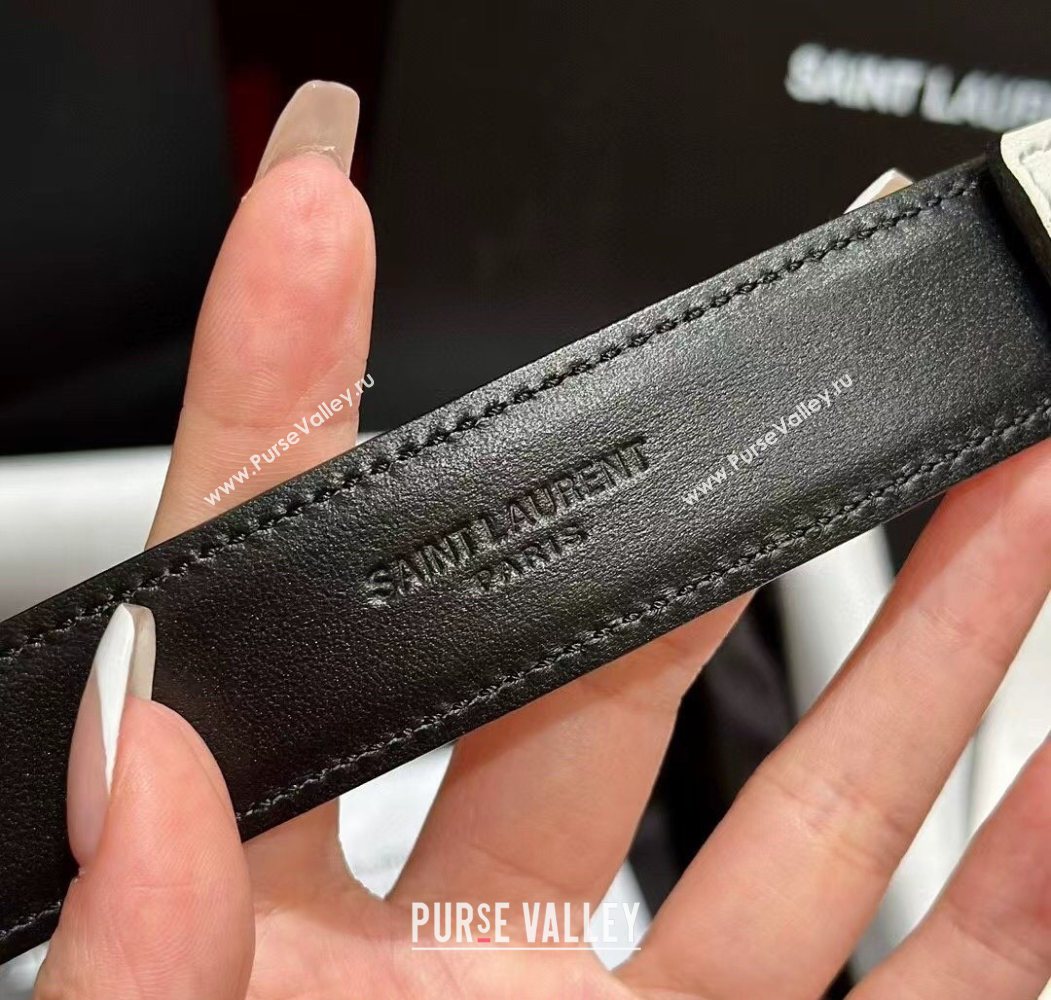 Saint Laurent Womens Supple Calfskin Leather Belt 2.5cm with Maxi YSL Buckle White/Silver 2025 (99-250725065)
