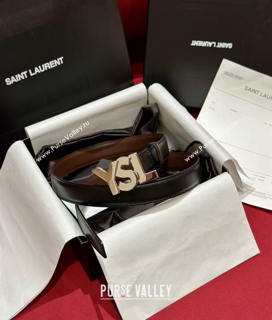 Saint Laurent Womens Supple Calfskin Leather Belt 2.5cm with Maxi YSL Buckle Black/Silver 2025 (99-250725062)