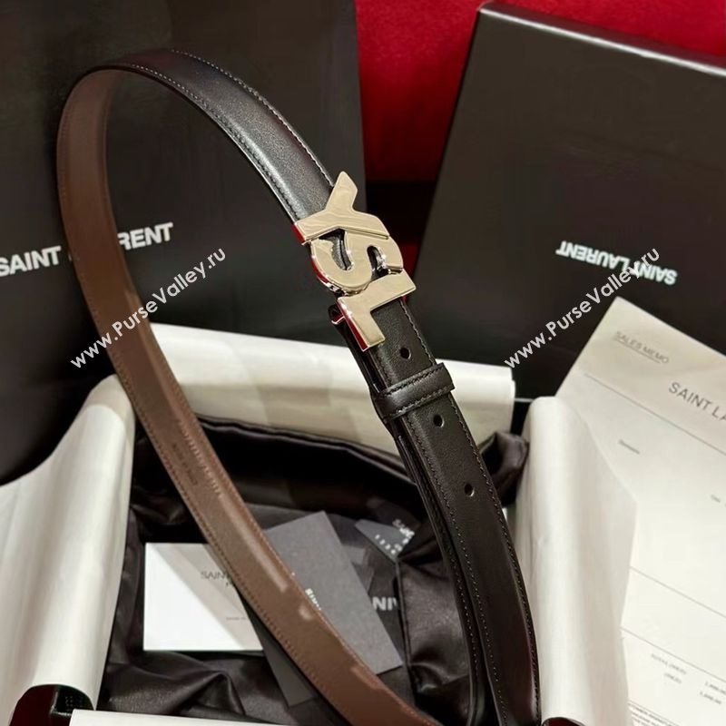 Saint Laurent Womens Supple Calfskin Leather Belt 2.5cm with Maxi YSL Buckle Black/Silver 2025 (99-250725062)