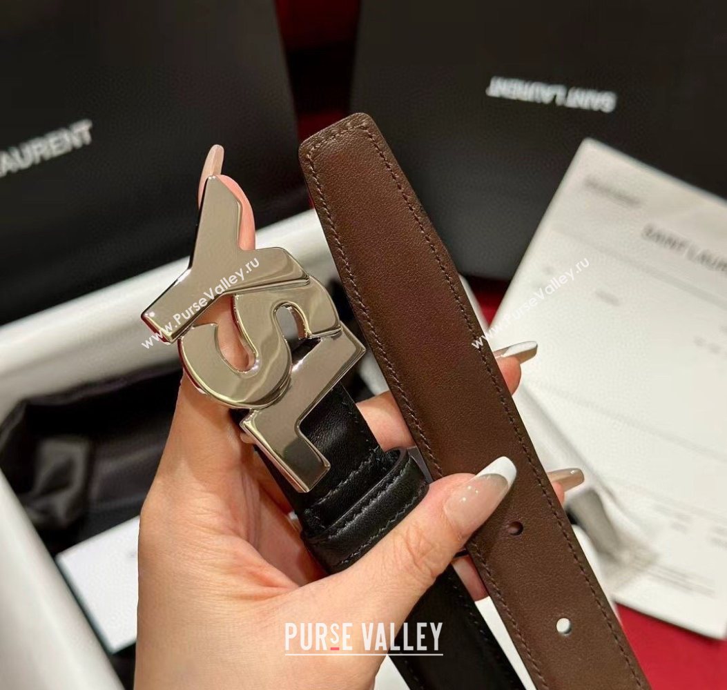 Saint Laurent Womens Supple Calfskin Leather Belt 2.5cm with Maxi YSL Buckle Black/Silver 2025 (99-250725062)
