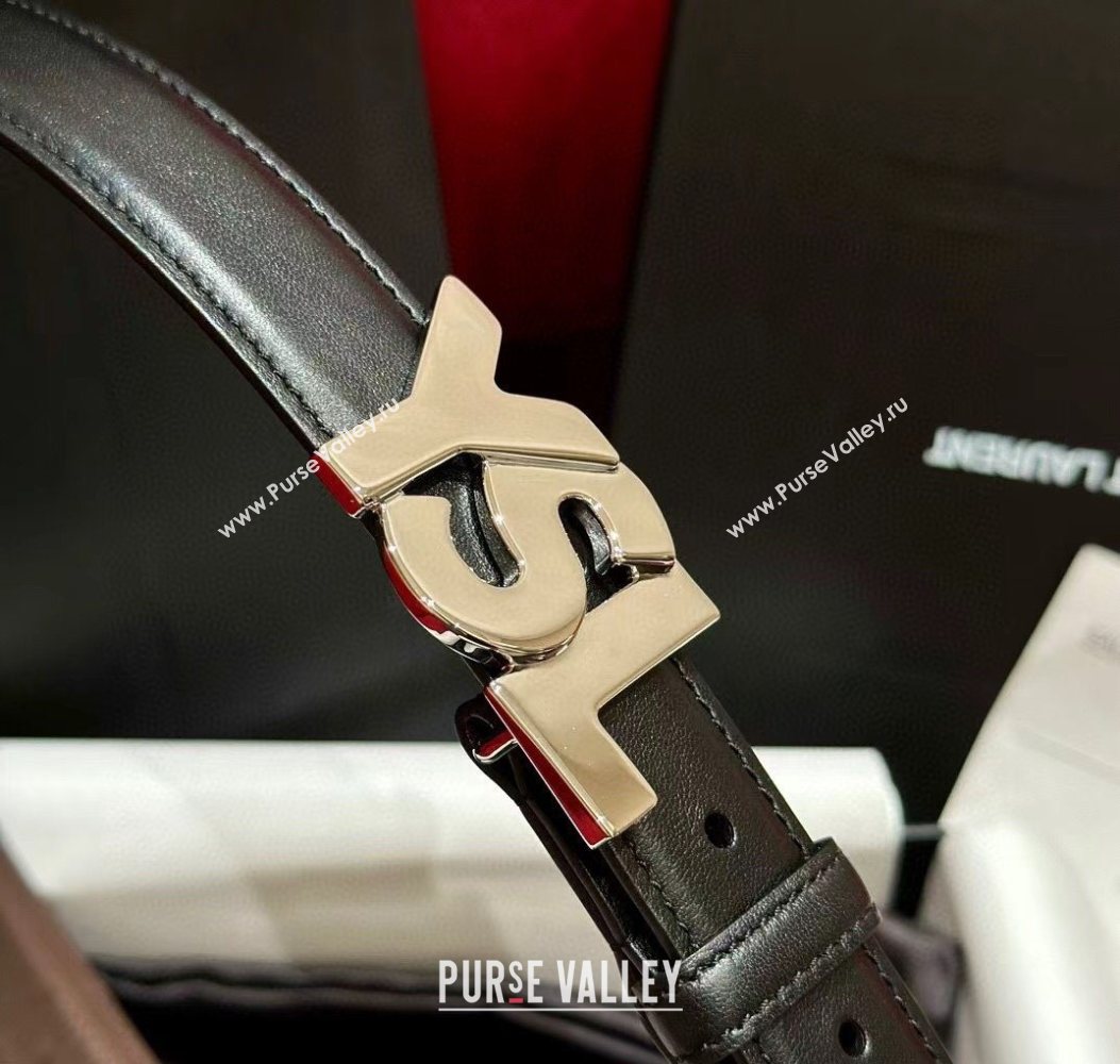 Saint Laurent Womens Supple Calfskin Leather Belt 2.5cm with Maxi YSL Buckle Black/Silver 2025 (99-250725062)