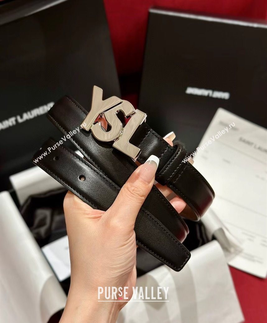 Saint Laurent Womens Supple Calfskin Leather Belt 2.5cm with Maxi YSL Buckle Black/Silver 2025 (99-250725062)