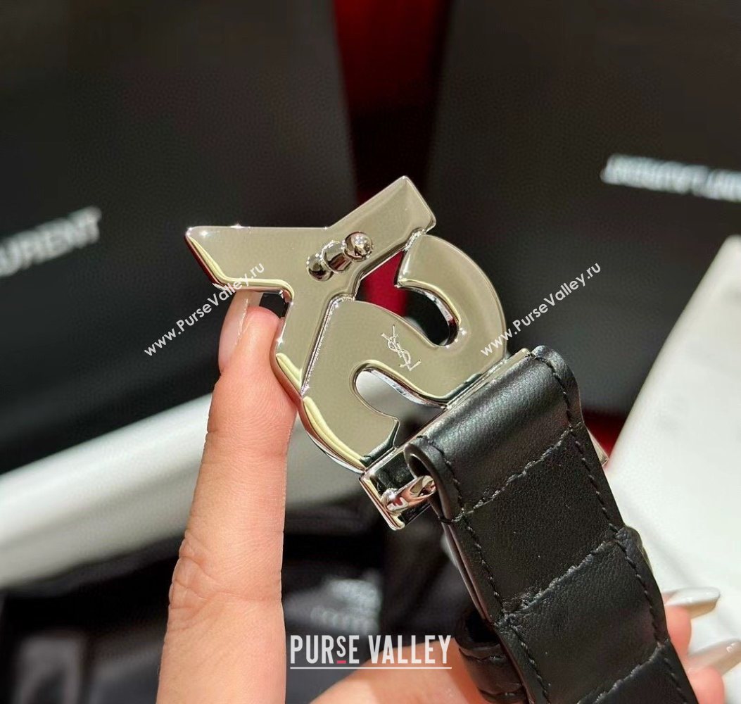 Saint Laurent Womens Supple Calfskin Leather Belt 2.5cm with Maxi YSL Buckle Black/Silver 2025 (99-250725062)
