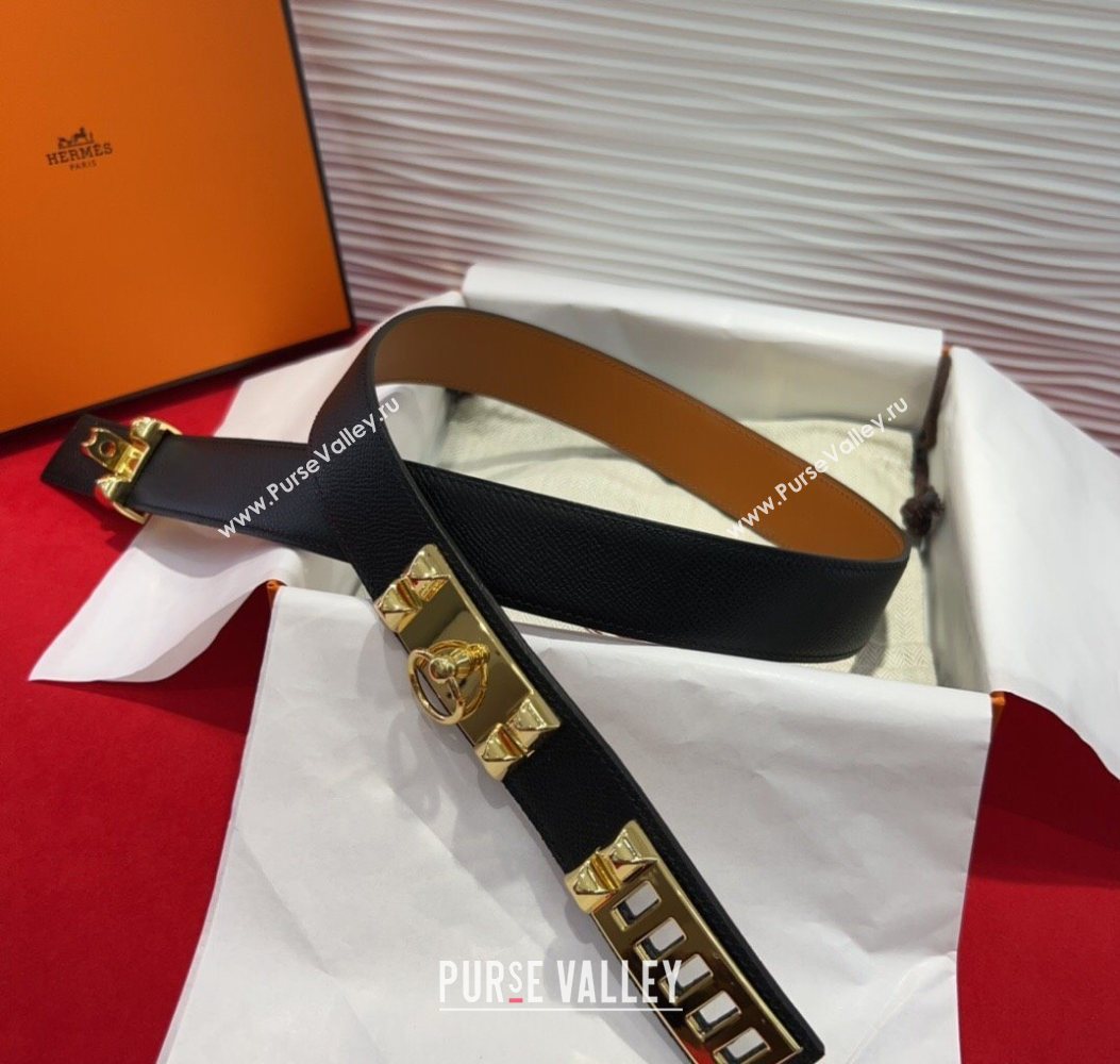 Hermes Collier de Chien Belt 3.2cm with Medor Studs and Ring Buckle in Grained Calfskin Black/Gold 2025 H2018025 (99-250725004)