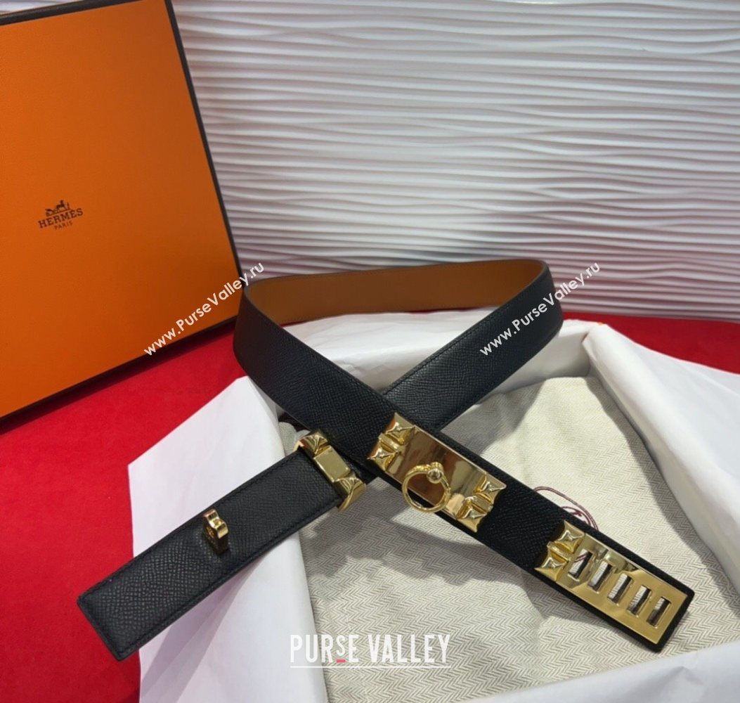 Hermes Collier de Chien Belt 3.2cm with Medor Studs and Ring Buckle in Grained Calfskin Black/Gold 2025 H2018025 (99-250725004)