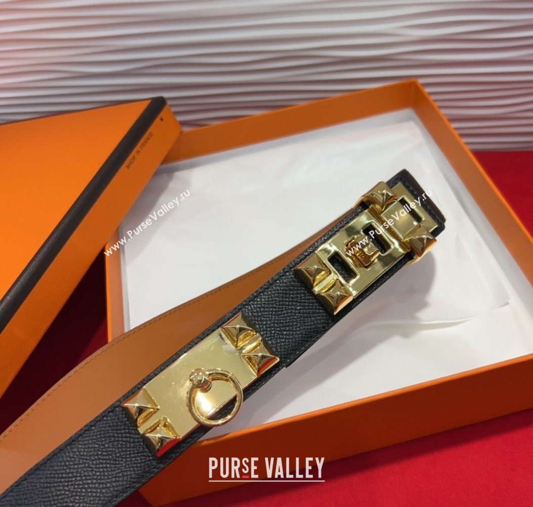Hermes Collier de Chien Belt 3.2cm with Medor Studs and Ring Buckle in Grained Calfskin Black/Gold 2025 H2018025 (99-250725004)