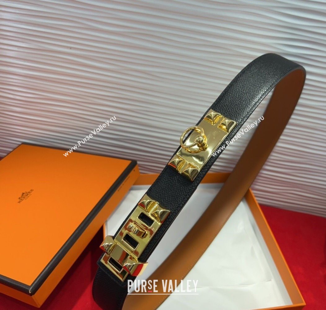 Hermes Collier de Chien Belt 3.2cm with Medor Studs and Ring Buckle in Grained Calfskin Black/Gold 2025 H2018025 (99-250725004)