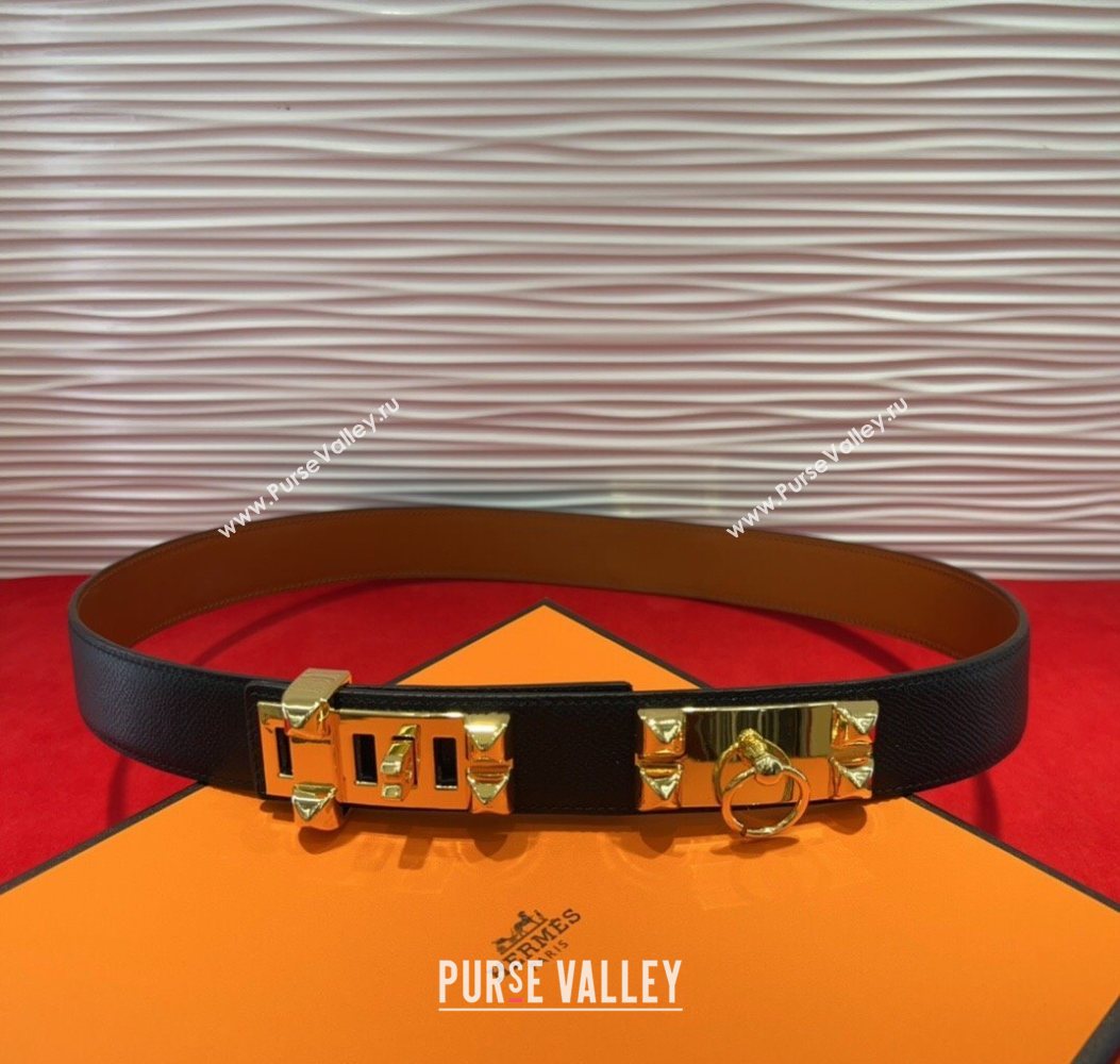Hermes Collier de Chien Belt 3.2cm with Medor Studs and Ring Buckle in Grained Calfskin Black/Gold 2025 H2018025 (99-250725004)