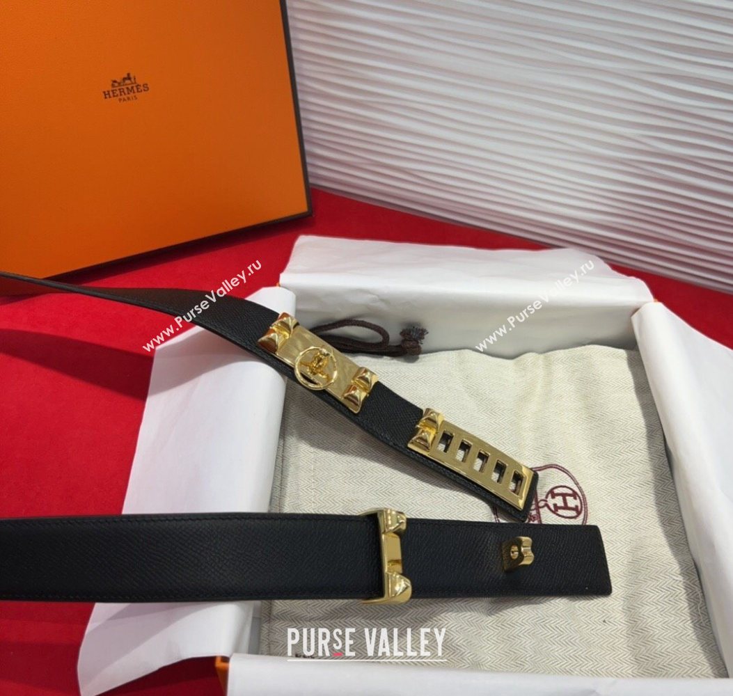 Hermes Collier de Chien Belt 3.2cm with Medor Studs and Ring Buckle in Grained Calfskin Black/Gold 2025 H2018025 (99-250725004)