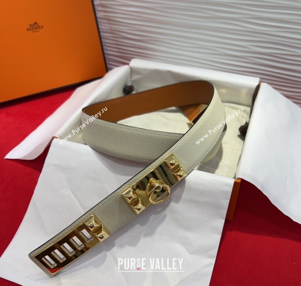 Hermes Collier de Chien Belt 3.2cm with Medor Studs and Ring Buckle in Grained Calfskin White/Gold 2025 H2018025 (99-250725005)