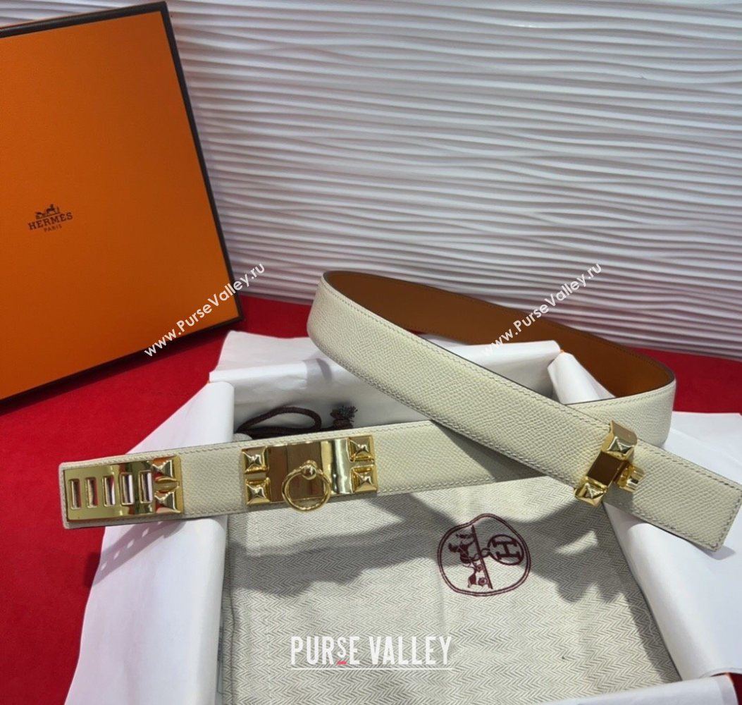 Hermes Collier de Chien Belt 3.2cm with Medor Studs and Ring Buckle in Grained Calfskin White/Gold 2025 H2018025 (99-250725005)