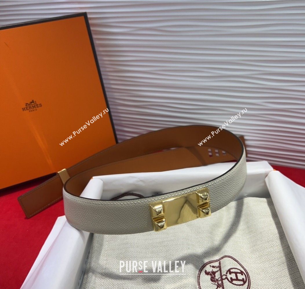 Hermes Collier de Chien Belt 3.2cm with Medor Studs and Ring Buckle in Grained Calfskin White/Gold 2025 H2018025 (99-250725005)