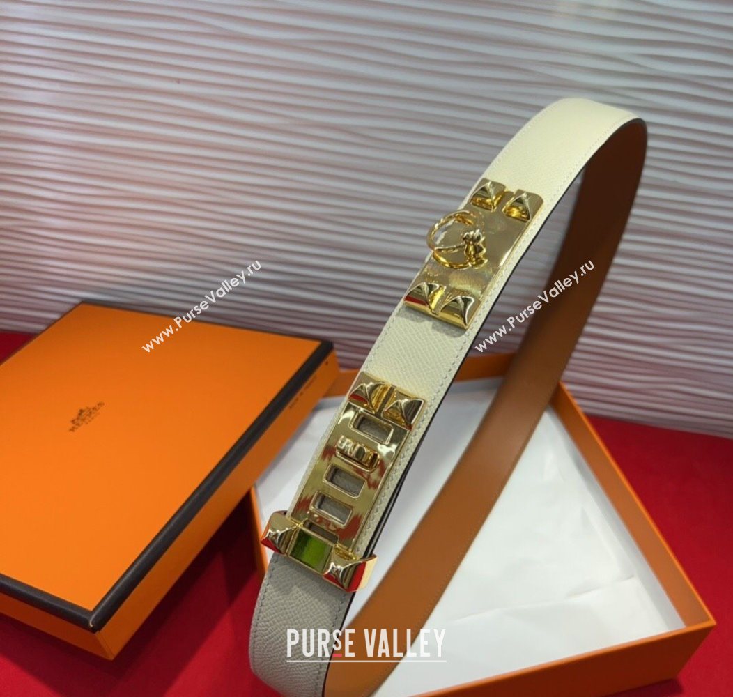 Hermes Collier de Chien Belt 3.2cm with Medor Studs and Ring Buckle in Grained Calfskin White/Gold 2025 H2018025 (99-250725005)
