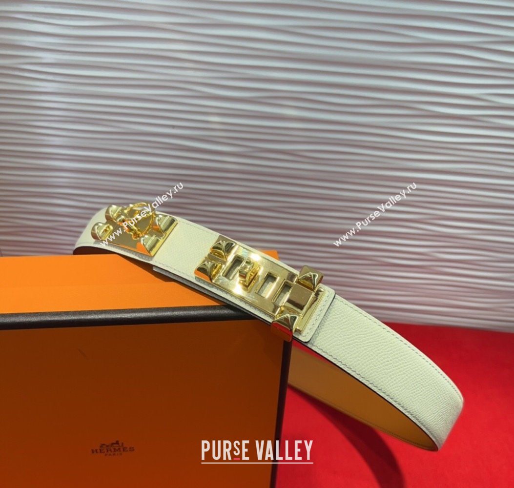 Hermes Collier de Chien Belt 3.2cm with Medor Studs and Ring Buckle in Grained Calfskin White/Gold 2025 H2018025 (99-250725005)