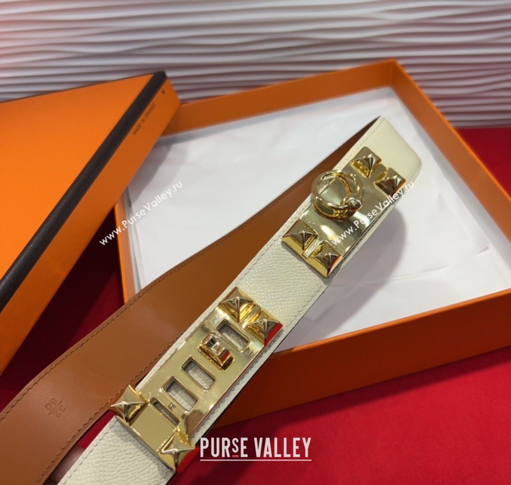 Hermes Collier de Chien Belt 3.2cm with Medor Studs and Ring Buckle in Grained Calfskin White/Gold 2025 H2018025 (99-250725005)