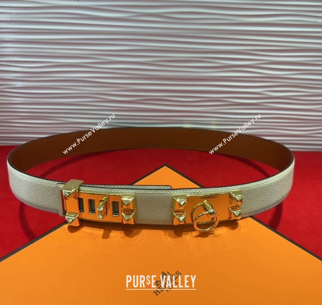 Hermes Collier de Chien Belt 3.2cm with Medor Studs and Ring Buckle in Grained Calfskin White/Gold 2025 H2018025 (99-250725005)