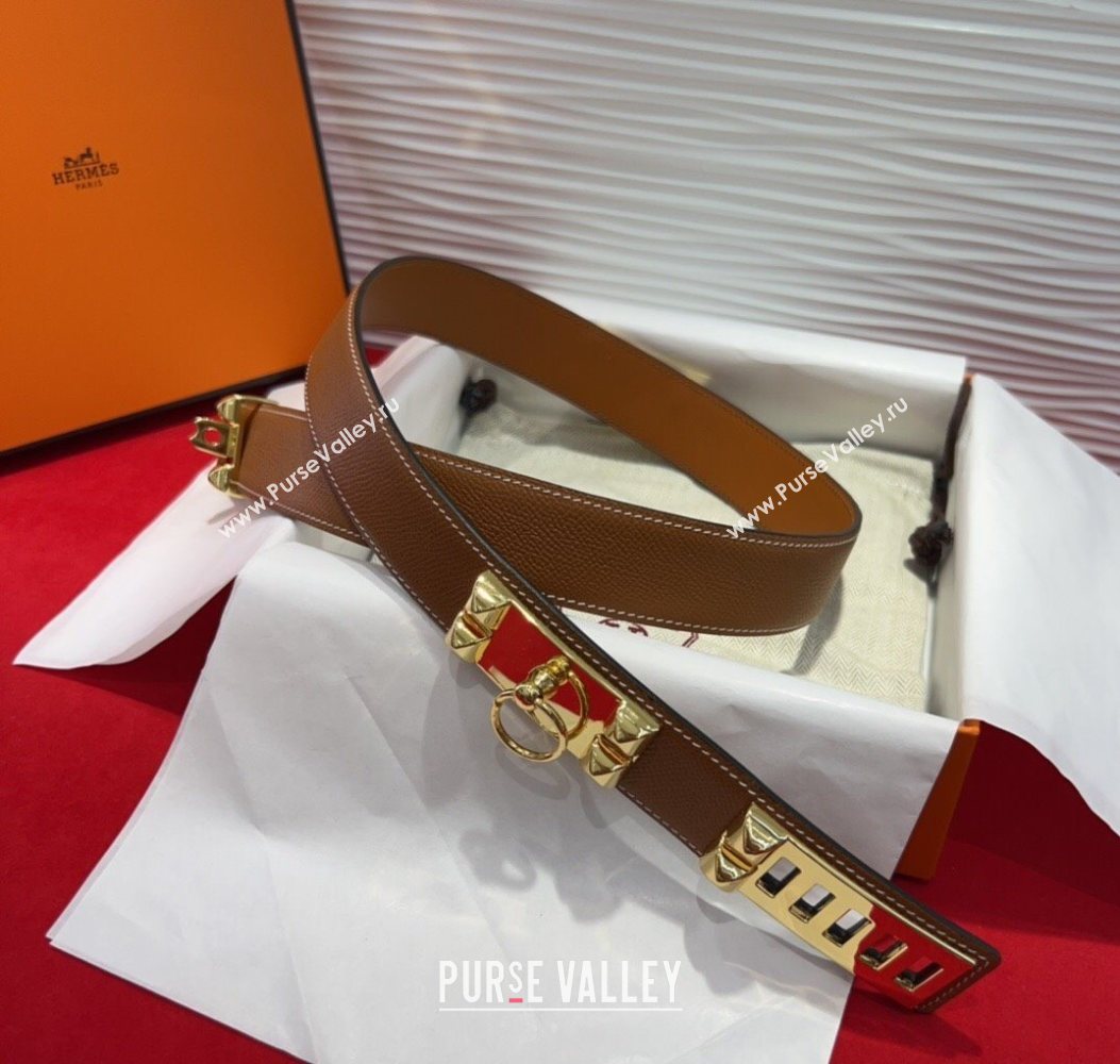 Hermes Collier de Chien Belt 3.2cm with Medor Studs and Ring Buckle in Grained Calfskin Brown/Gold 2025 H2018025 (99-250725006)