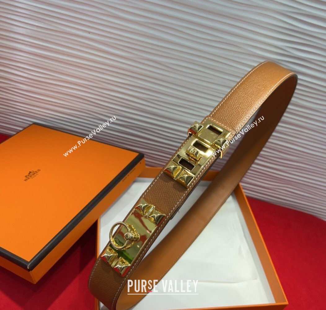 Hermes Collier de Chien Belt 3.2cm with Medor Studs and Ring Buckle in Grained Calfskin Brown/Gold 2025 H2018025 (99-250725006)