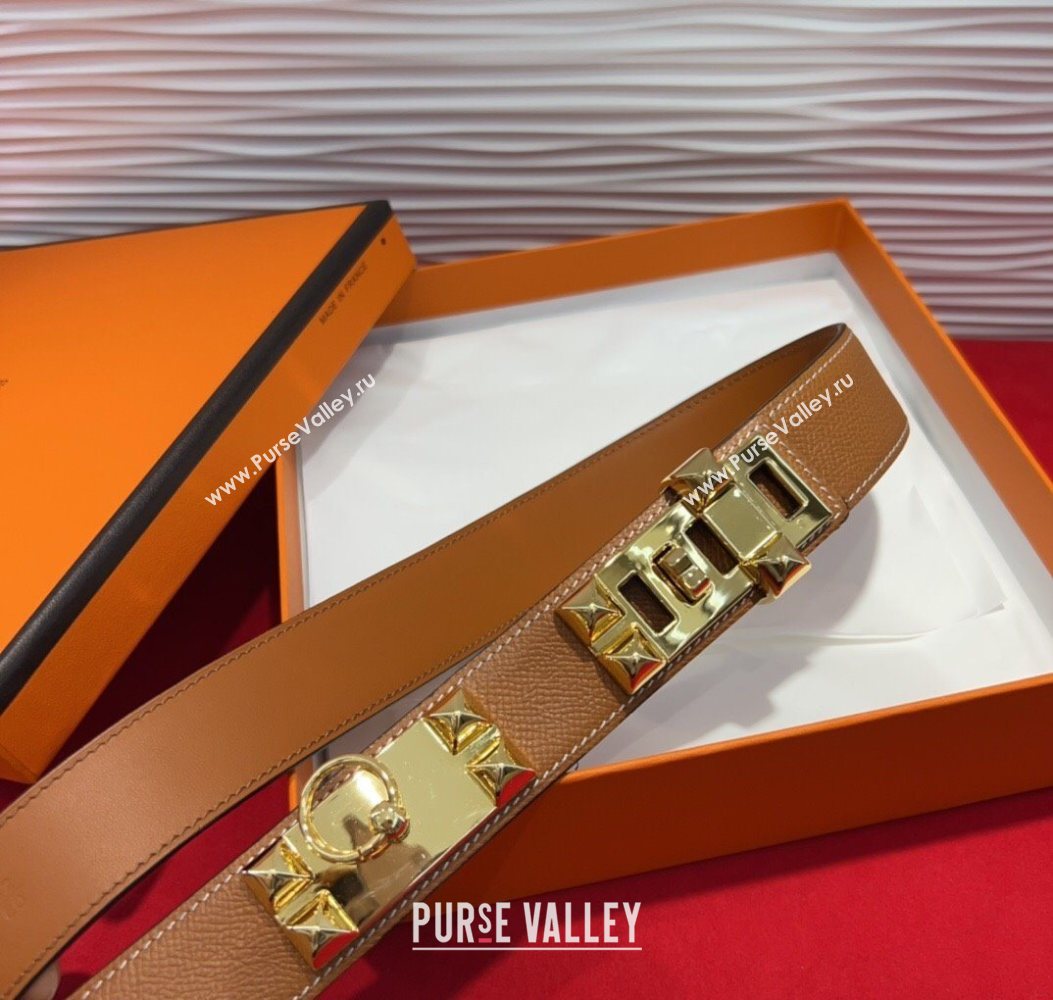 Hermes Collier de Chien Belt 3.2cm with Medor Studs and Ring Buckle in Grained Calfskin Brown/Gold 2025 H2018025 (99-250725006)