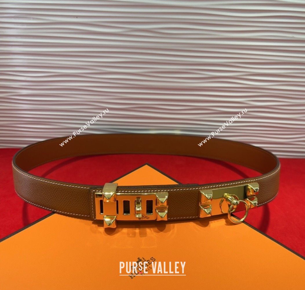 Hermes Collier de Chien Belt 3.2cm with Medor Studs and Ring Buckle in Grained Calfskin Brown/Gold 2025 H2018025 (99-250725006)