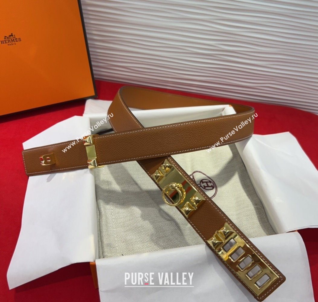 Hermes Collier de Chien Belt 3.2cm with Medor Studs and Ring Buckle in Grained Calfskin Brown/Gold 2025 H2018025 (99-250725006)
