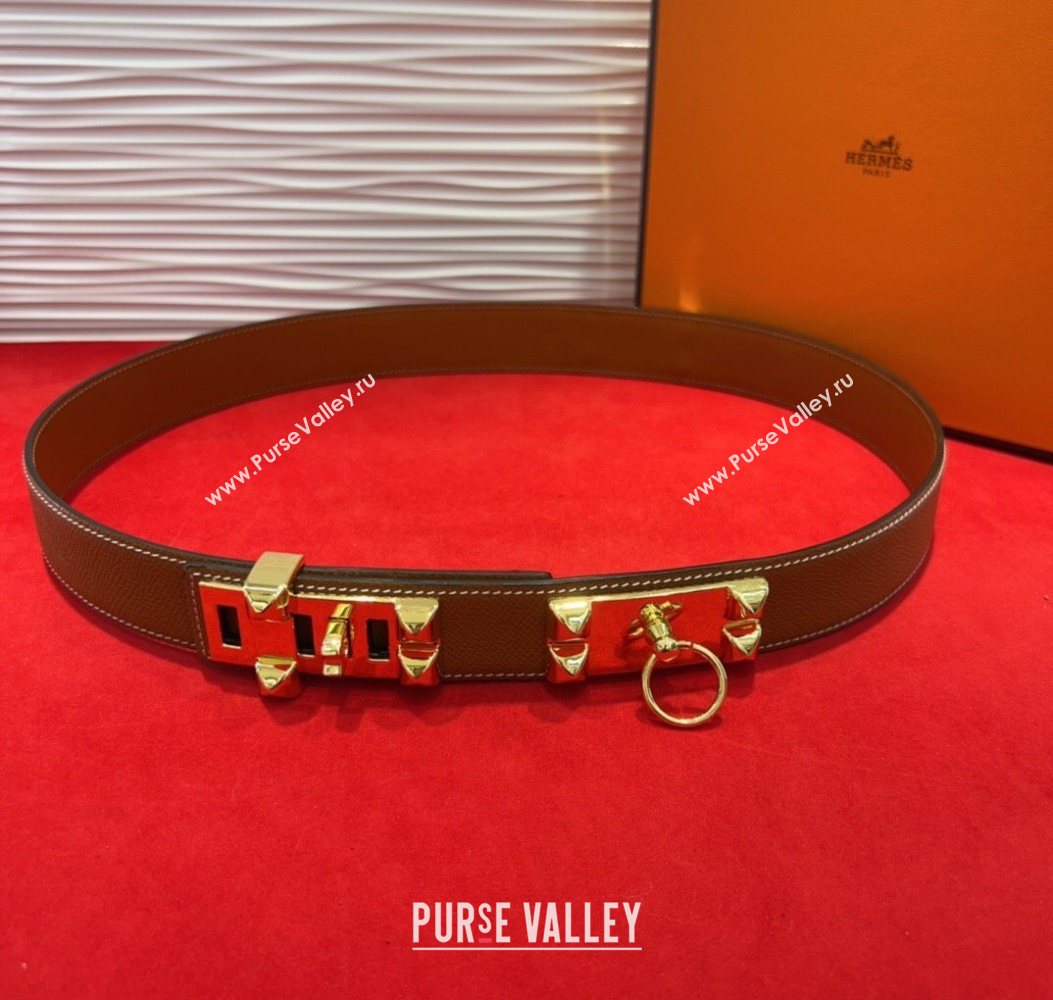 Hermes Collier de Chien Belt 3.2cm with Medor Studs and Ring Buckle in Grained Calfskin Brown/Gold 2025 H2018025 (99-250725006)