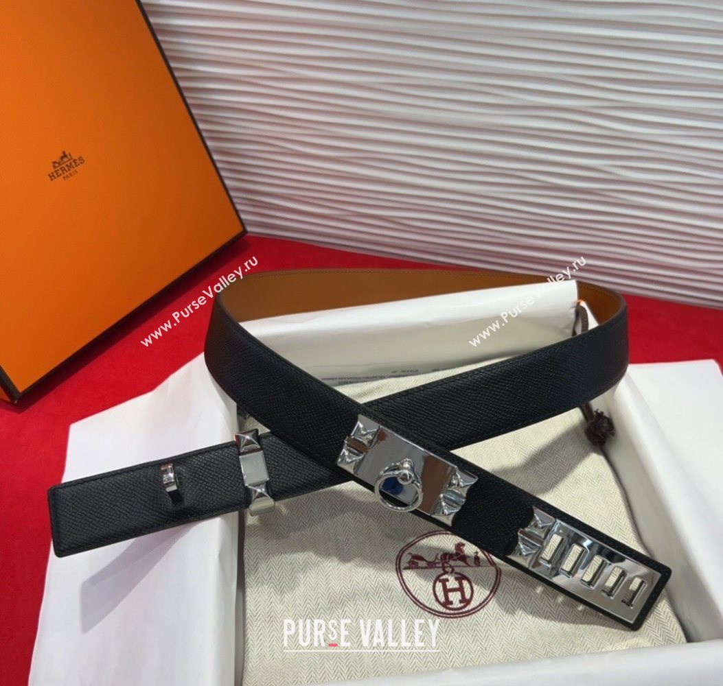 Hermes Collier de Chien Belt 3.2cm with Medor Studs and Ring Buckle in Grained Calfskin Black/Silver 2025 H2018025 (99-250725007
