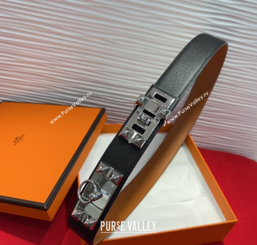 Hermes Collier de Chien Belt 3.2cm with Medor Studs and Ring Buckle in Grained Calfskin Black/Silver 2025 H2018025 (99-250725007