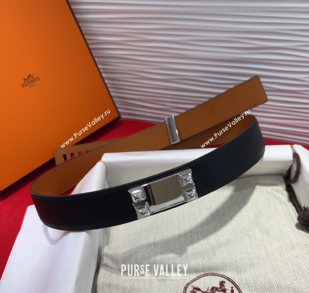 Hermes Collier de Chien Belt 3.2cm with Medor Studs and Ring Buckle in Grained Calfskin Black/Silver 2025 H2018025 (99-250725007