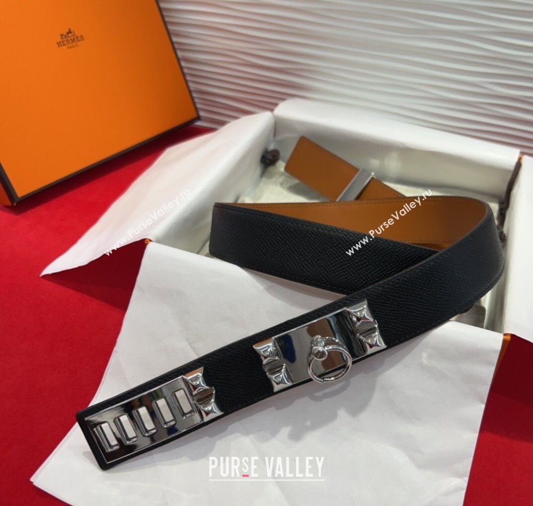 Hermes Collier de Chien Belt 3.2cm with Medor Studs and Ring Buckle in Grained Calfskin Black/Silver 2025 H2018025 (99-250725007