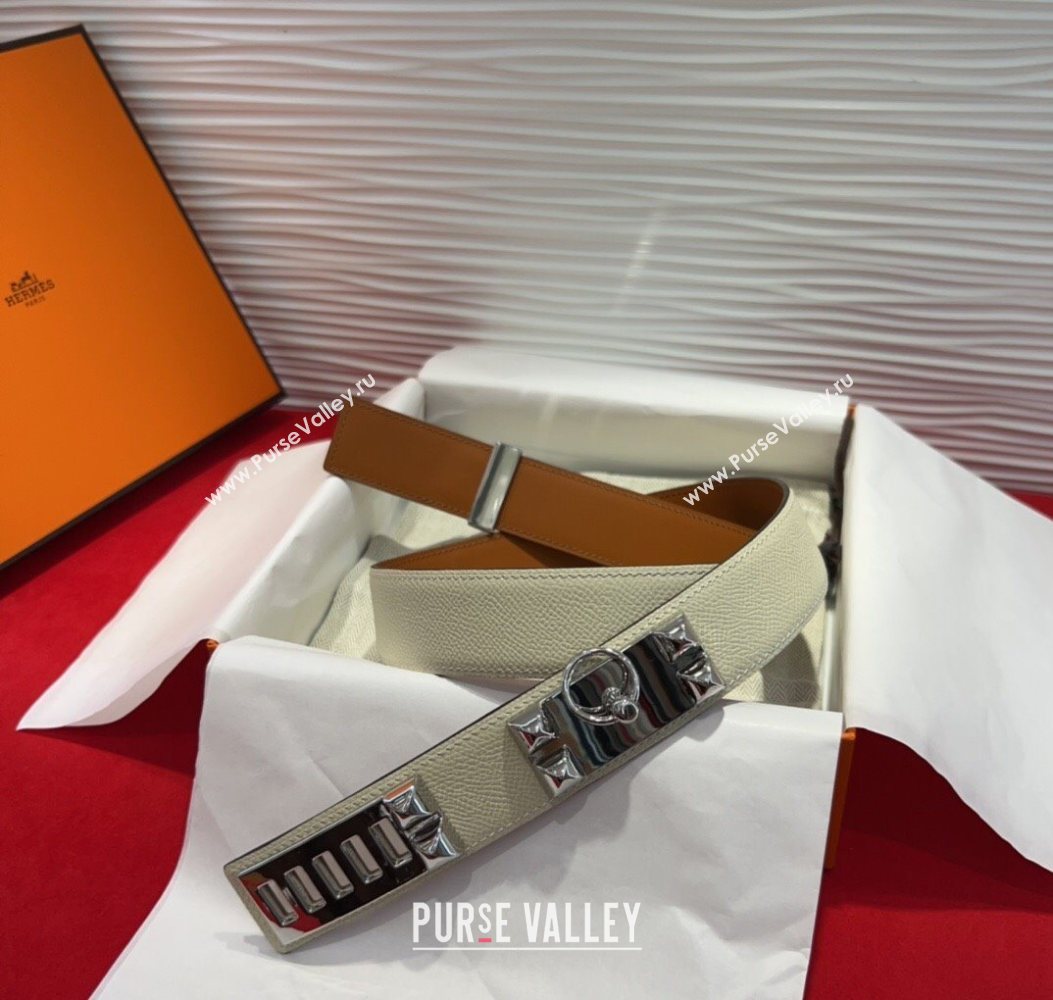 Hermes Collier de Chien Belt 3.2cm with Medor Studs and Ring Buckle in Grained Calfskin White/Silver 2025 H2018025 (99-250725008
