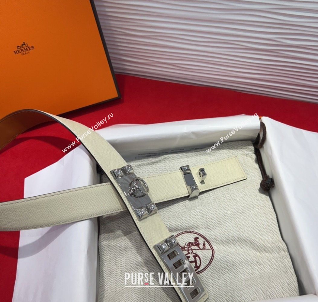 Hermes Collier de Chien Belt 3.2cm with Medor Studs and Ring Buckle in Grained Calfskin White/Silver 2025 H2018025 (99-250725008