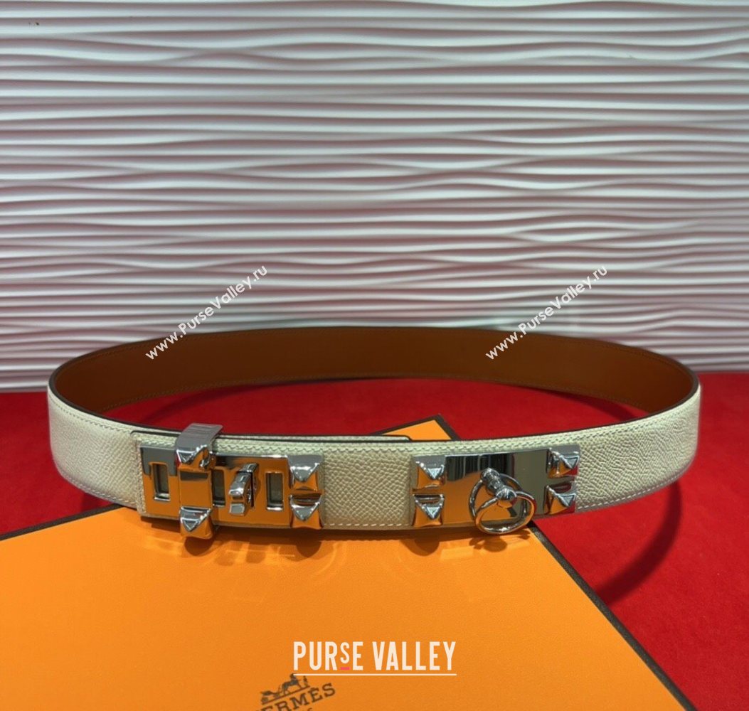 Hermes Collier de Chien Belt 3.2cm with Medor Studs and Ring Buckle in Grained Calfskin White/Silver 2025 H2018025 (99-250725008