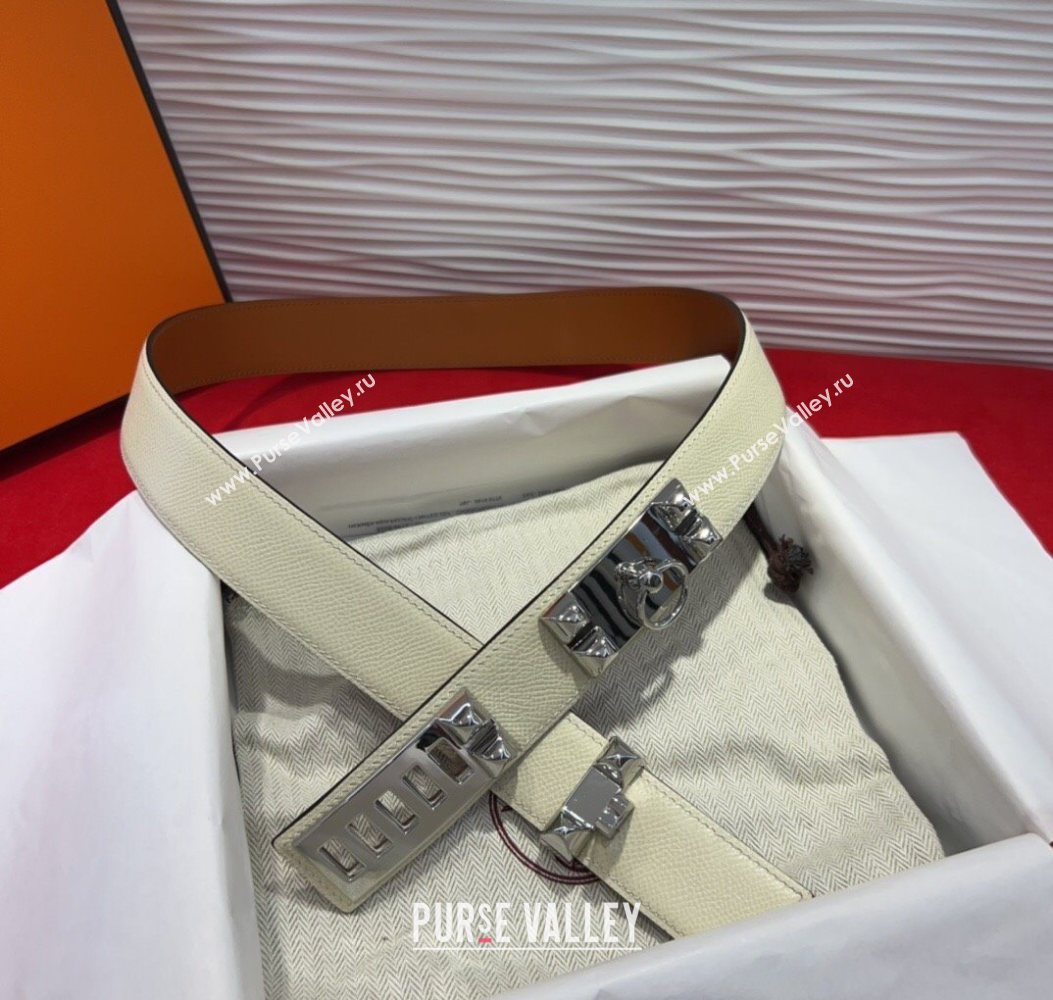 Hermes Collier de Chien Belt 3.2cm with Medor Studs and Ring Buckle in Grained Calfskin White/Silver 2025 H2018025 (99-250725008