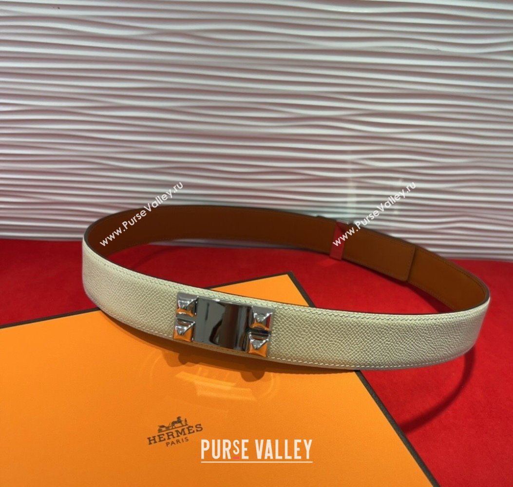 Hermes Collier de Chien Belt 3.2cm with Medor Studs and Ring Buckle in Grained Calfskin White/Silver 2025 H2018025 (99-250725008