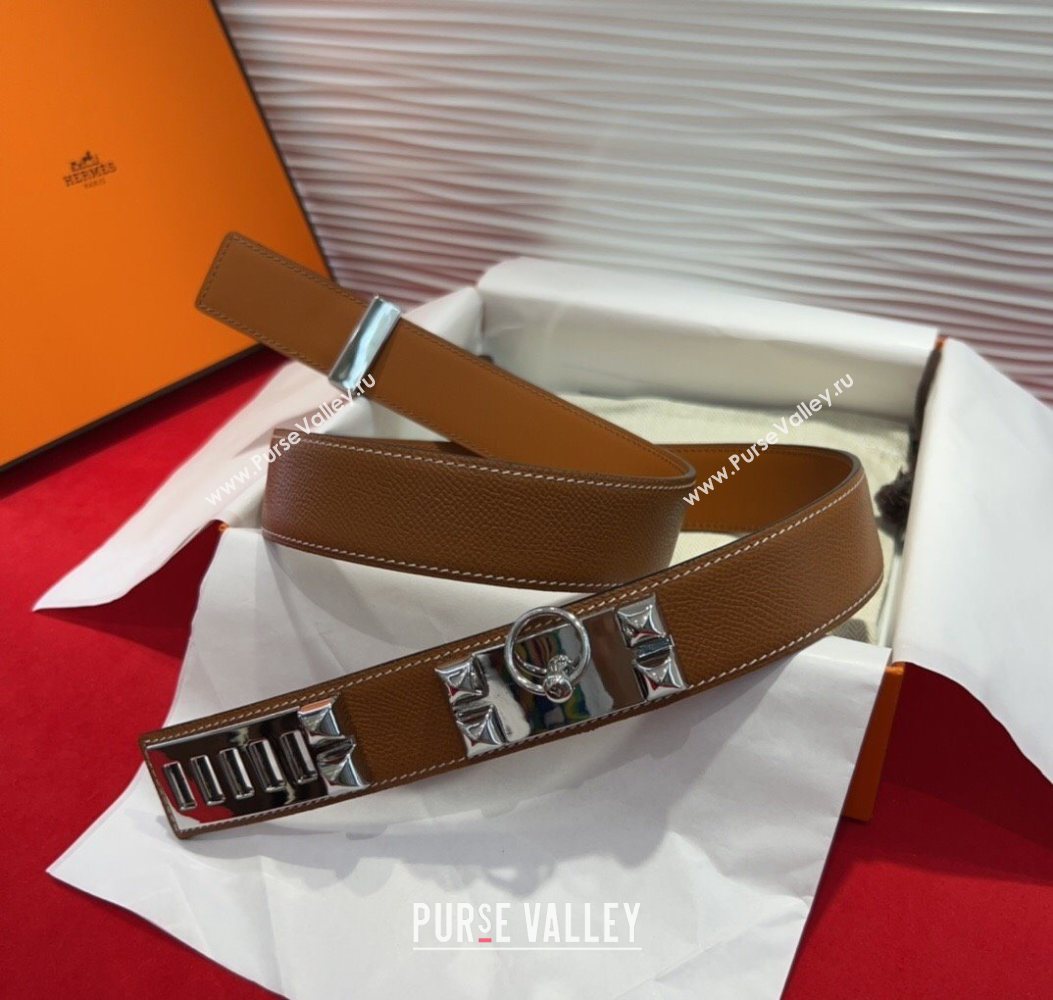 Hermes Collier de Chien Belt 3.2cm with Medor Studs and Ring Buckle in Grained Calfskin Brown/Silver 2025 H2018025 (99-250725009