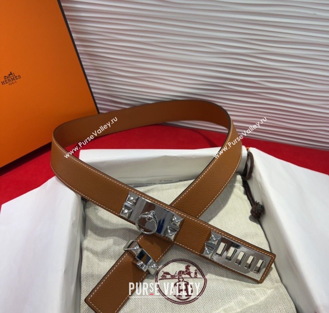 Hermes Collier de Chien Belt 3.2cm with Medor Studs and Ring Buckle in Grained Calfskin Brown/Silver 2025 H2018025 (99-250725009