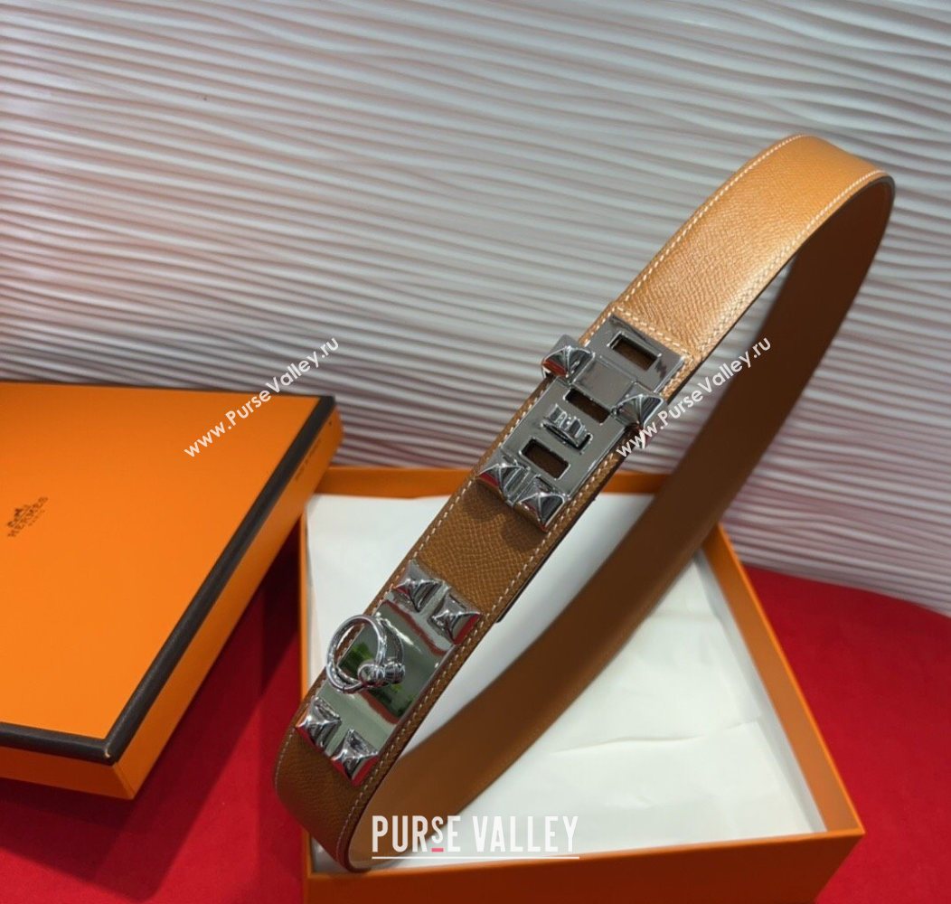 Hermes Collier de Chien Belt 3.2cm with Medor Studs and Ring Buckle in Grained Calfskin Brown/Silver 2025 H2018025 (99-250725009