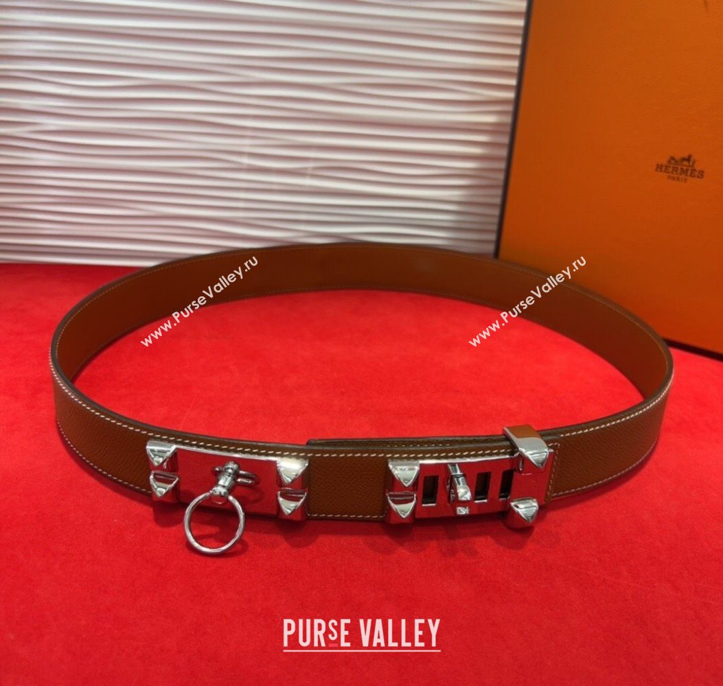 Hermes Collier de Chien Belt 3.2cm with Medor Studs and Ring Buckle in Grained Calfskin Brown/Silver 2025 H2018025 (99-250725009