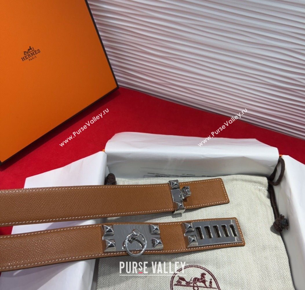 Hermes Collier de Chien Belt 3.2cm with Medor Studs and Ring Buckle in Grained Calfskin Brown/Silver 2025 H2018025 (99-250725009