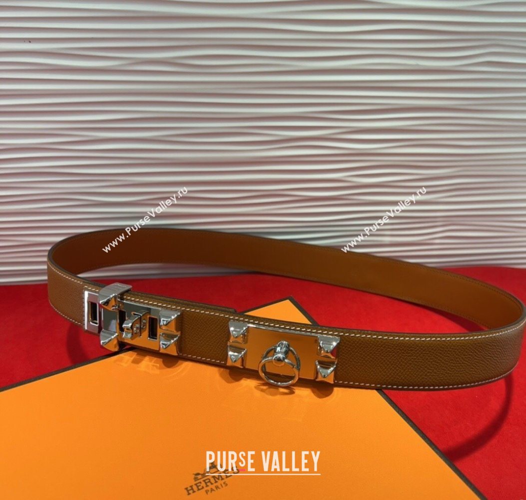 Hermes Collier de Chien Belt 3.2cm with Medor Studs and Ring Buckle in Grained Calfskin Brown/Silver 2025 H2018025 (99-250725009