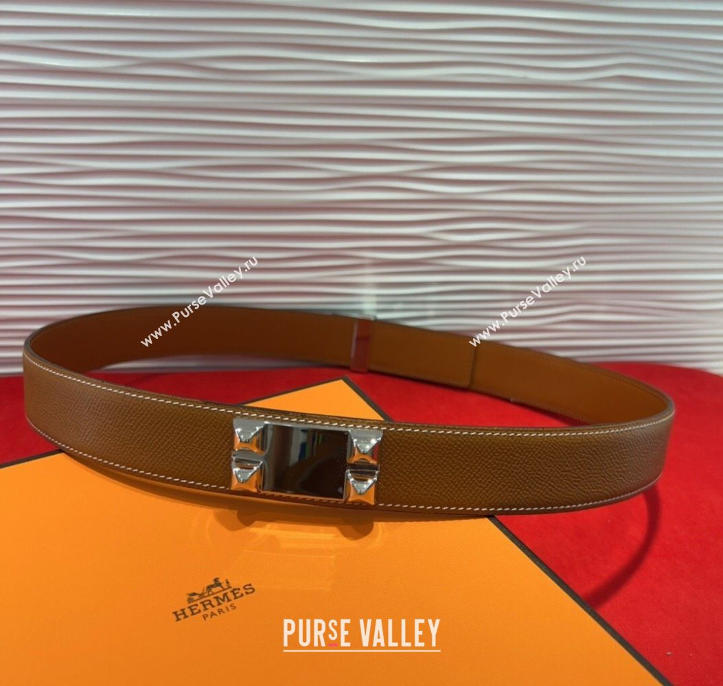 Hermes Collier de Chien Belt 3.2cm with Medor Studs and Ring Buckle in Grained Calfskin Brown/Silver 2025 H2018025 (99-250725009