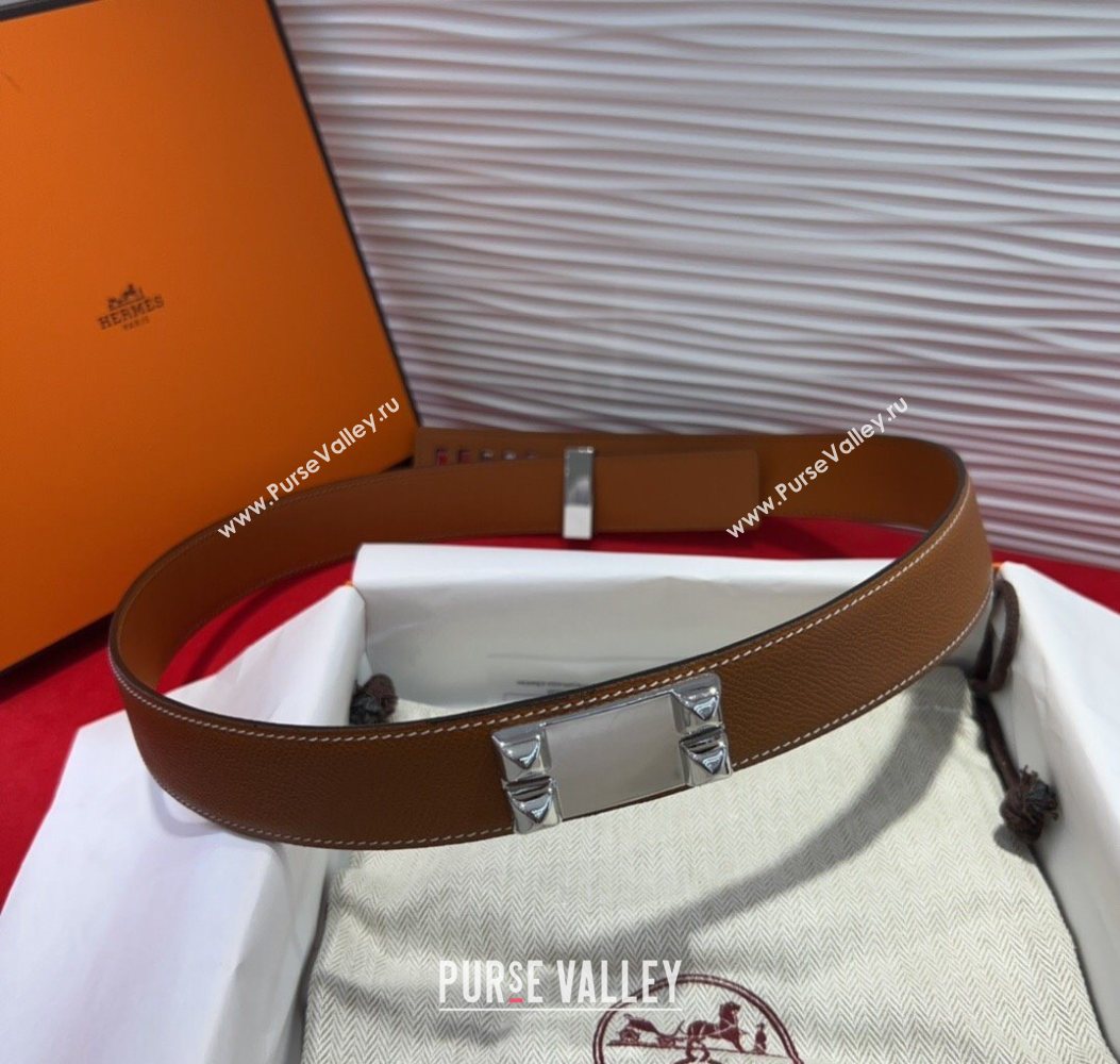 Hermes Collier de Chien Belt 3.2cm with Medor Studs and Ring Buckle in Grained Calfskin Brown/Silver 2025 H2018025 (99-250725009