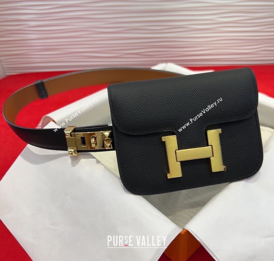 Hermes Constance Slim Pouch Belt 2.4cm in Grained Calfskin with Studs Buckle Black 2025 H072401 (99-250724124)