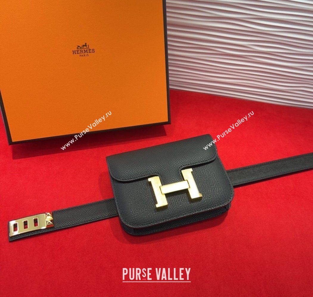 Hermes Constance Slim Pouch Belt 2.4cm in Grained Calfskin with Studs Buckle Black 2025 H072401 (99-250724124)