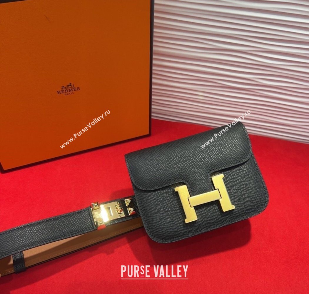 Hermes Constance Slim Pouch Belt 2.4cm in Grained Calfskin with Studs Buckle Black 2025 H072401 (99-250724124)
