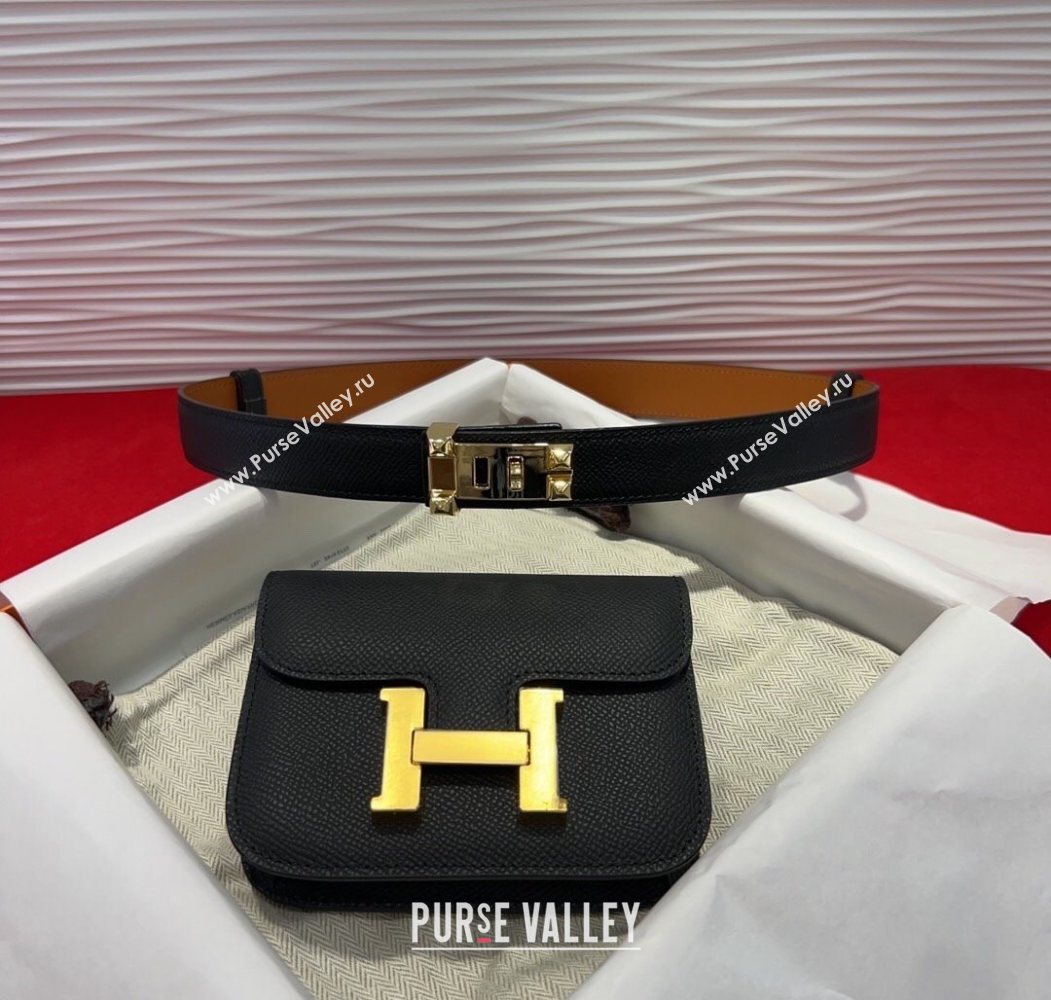 Hermes Constance Slim Pouch Belt 2.4cm in Grained Calfskin with Studs Buckle Black 2025 H072401 (99-250724124)