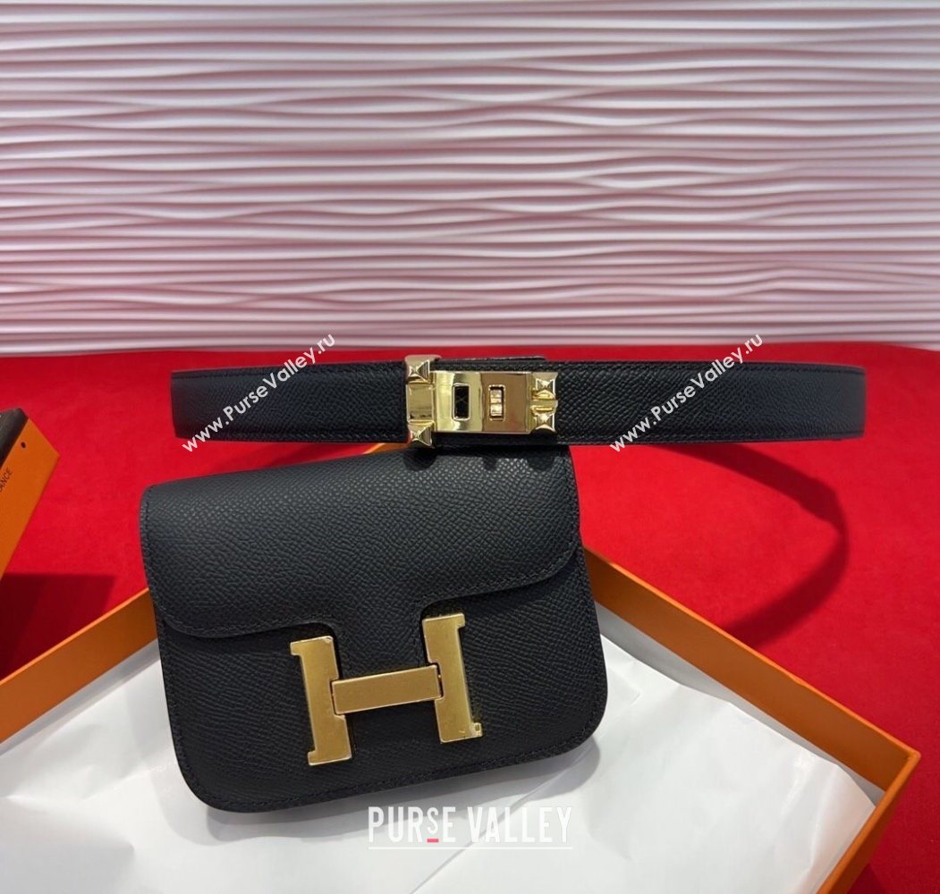 Hermes Constance Slim Pouch Belt 2.4cm in Grained Calfskin with Studs Buckle Black 2025 H072401 (99-250724124)