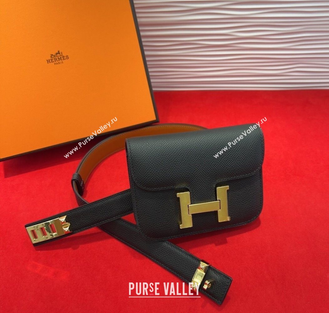 Hermes Constance Slim Pouch Belt 2.4cm in Grained Calfskin with Studs Buckle Black 2025 H072401 (99-250724124)